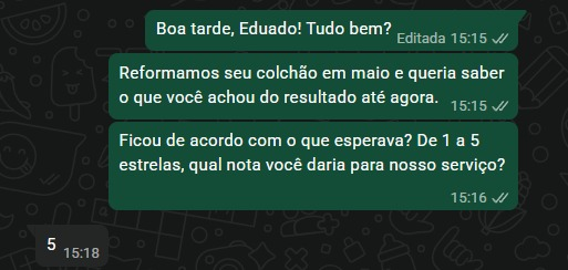 Cliente dá nota cinco ao serviço de reforma de colchão